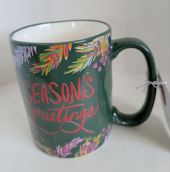 NEW EttaVee Coffee Mug Cup Green Seasons Greetings Painted - Picture 1 of 4
